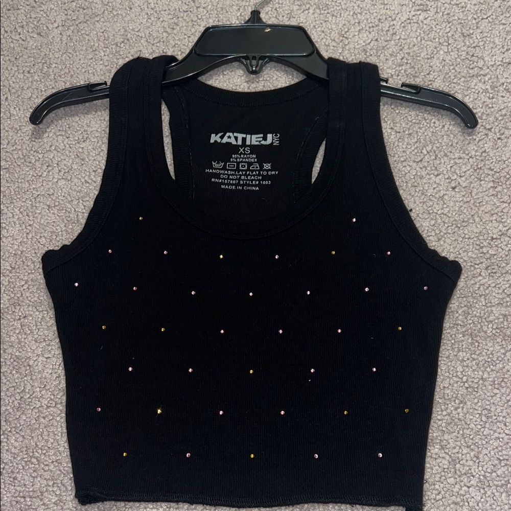 KATIE J NYC Black Rhinestone Tank Top